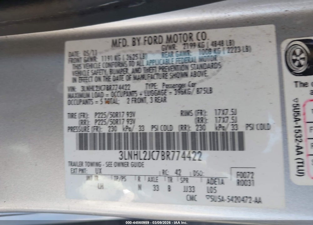 2011 LINCOLN MKZ VIN: 3LNHL2JC7BR774422