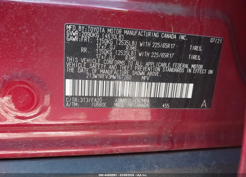 2021 TOYOTA RAV4 XLE VIN: 2T3W1RFV3MW167260