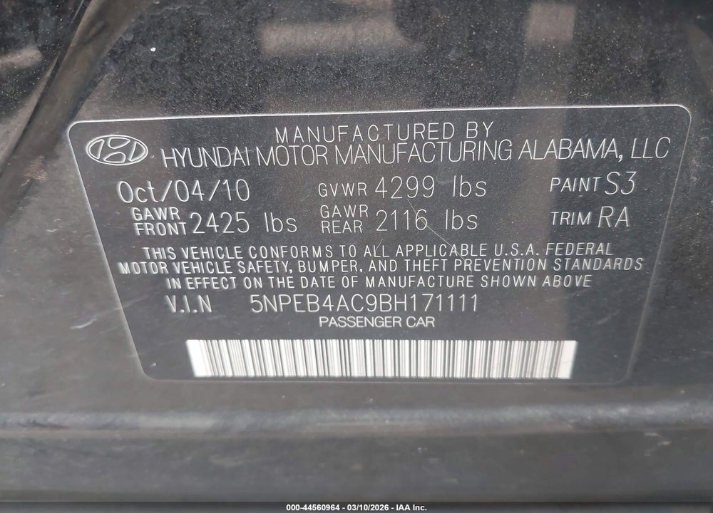 2011 HYUNDAI SONATA GLS VIN: 5NPEB4AC9BH171111