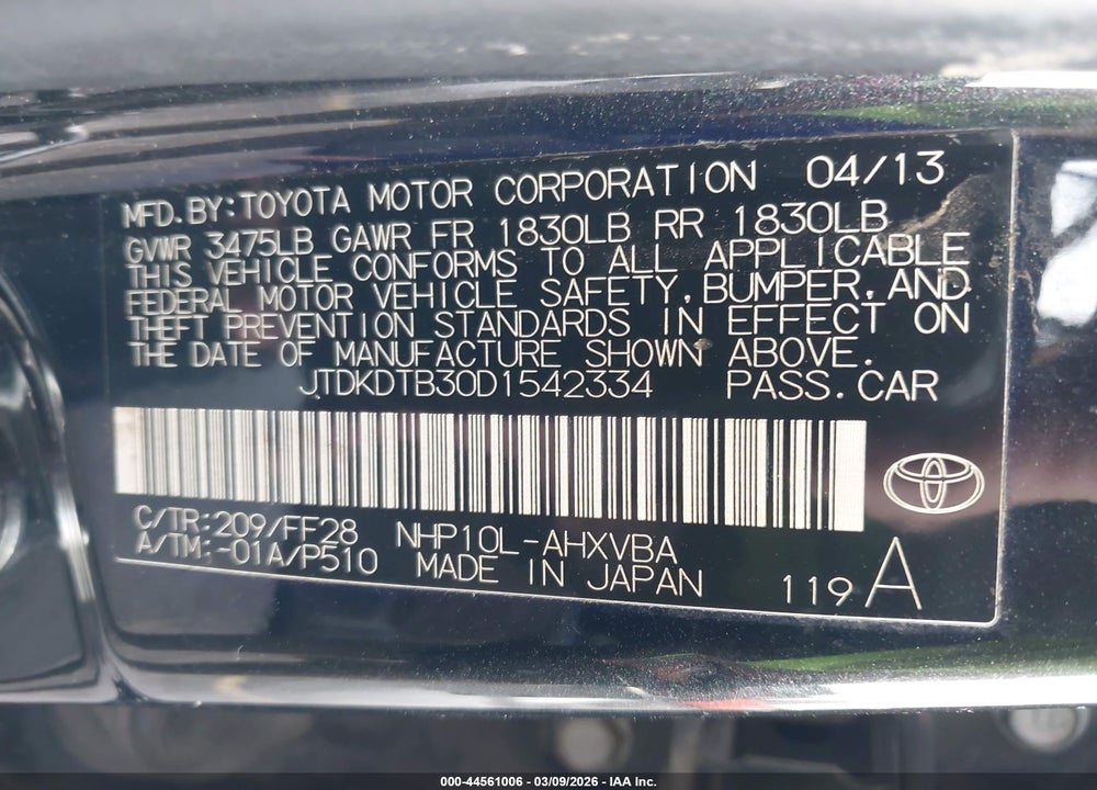 2013 TOYOTA PRIUS C TWO VIN: JTDKDTB30D1542334