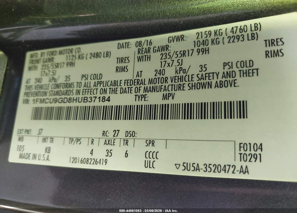2017 FORD ESCAPE SE VIN: 1FMCU9GD8HUB37184