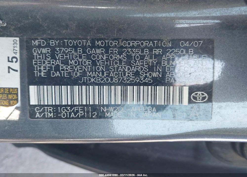 2007 TOYOTA PRIUS VIN: JTDKB20U873259345