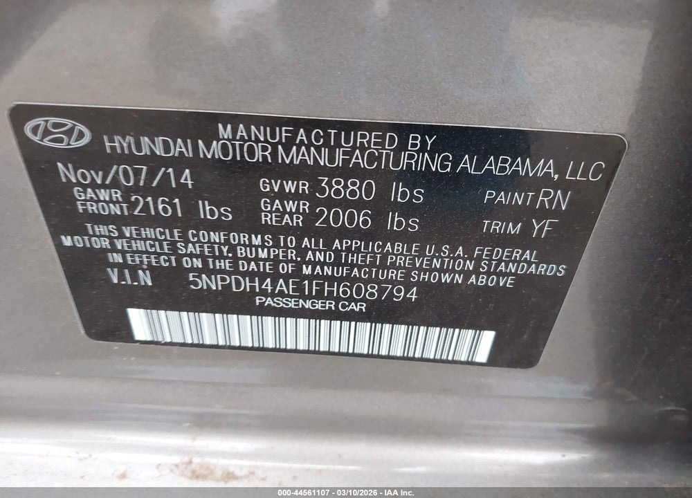 2015 HYUNDAI ELANTRA VIN: 5NPDH4AE1FH608794