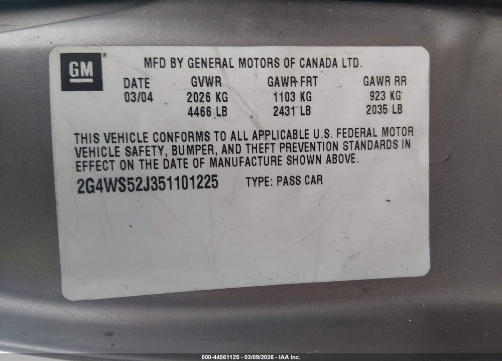 2005 BUICK CENTURY VIN: 2G4WS52J351101225