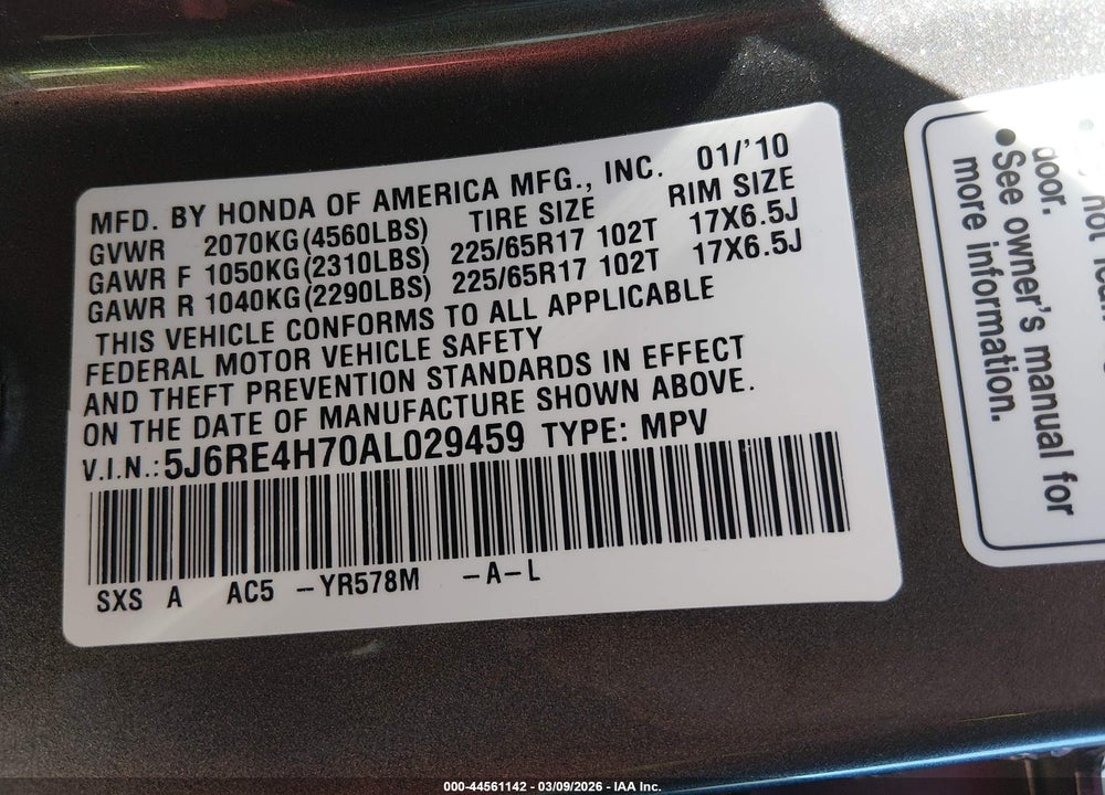 2010 HONDA CR-V EX-L VIN: 5J6RE4H70AL029459