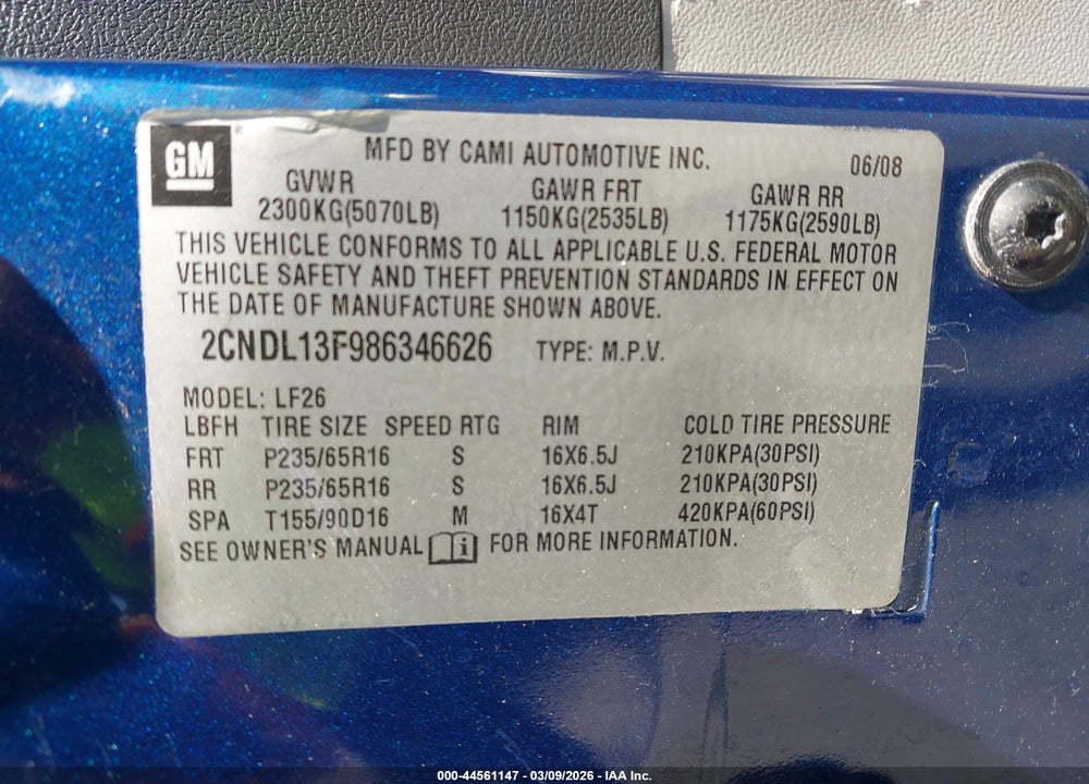 2008 CHEVROLET EQUINOX LS VIN: 2CNDL13F986346626