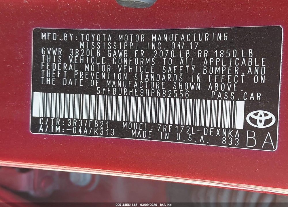 2017 TOYOTA COROLLA LE VIN: 5YFBURHE9HP682556