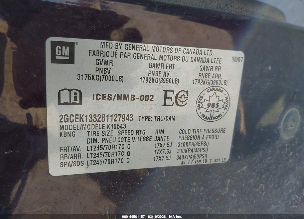 2008 CHEVROLET SILVERADO 1500 LT1/LT2/LTZ/WORK TRUCK VIN: 2GCEK133281127943