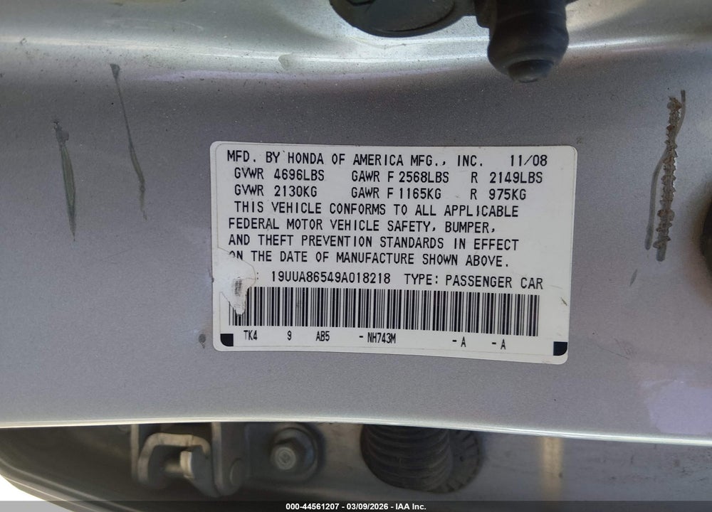 2009 ACURA TL 3.5 VIN: 19UUA86549A018218