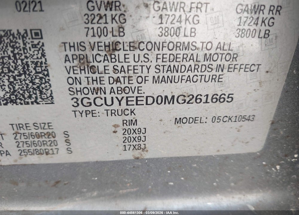 2021 CHEVROLET SILVERADO 1500 4WD  SHORT BED RST VIN: 3GCUYEED0MG261665