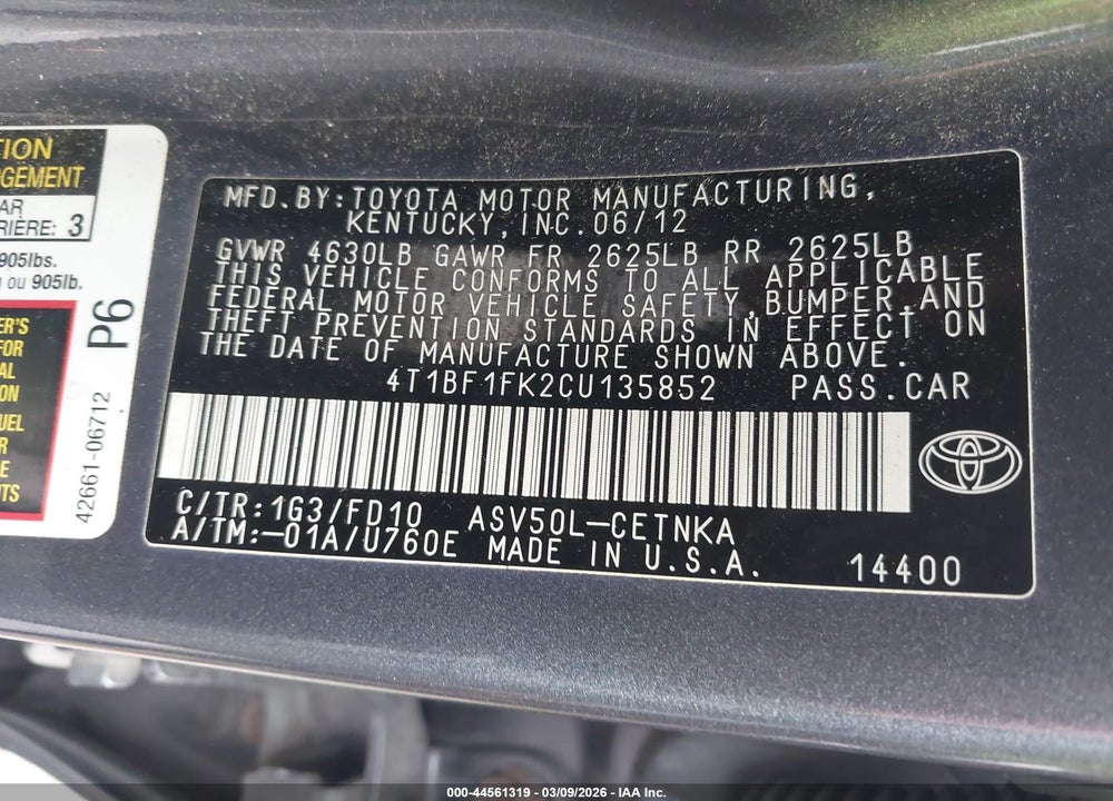 2012 TOYOTA CAMRY LE VIN: 4T1BF1FK2CU135852