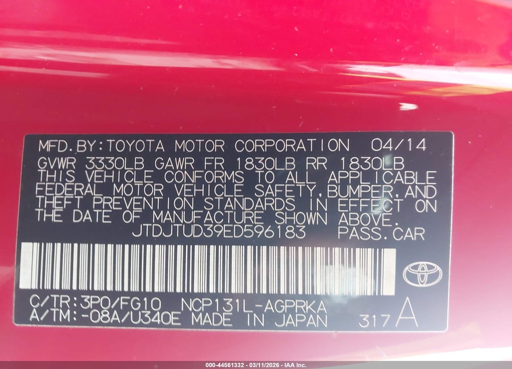 2014 TOYOTA YARIS L (TMC/CBU PLANT) VIN: JTDJTUD39ED596183
