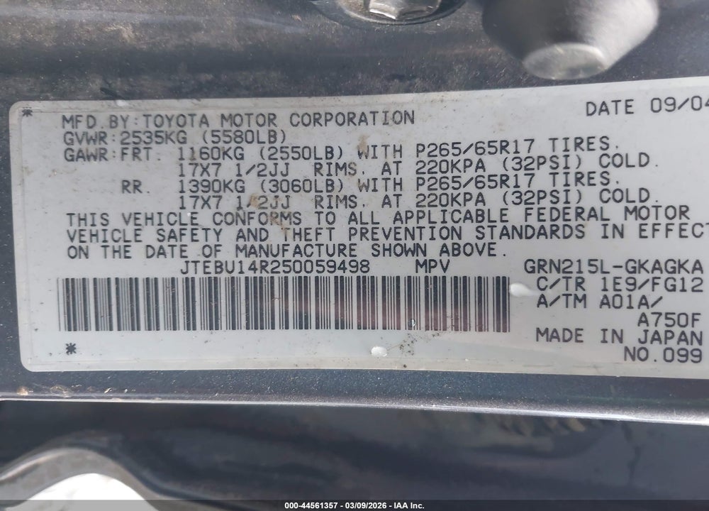 2005 TOYOTA 4RUNNER SR5 V6 VIN: JTEBU14R250059498