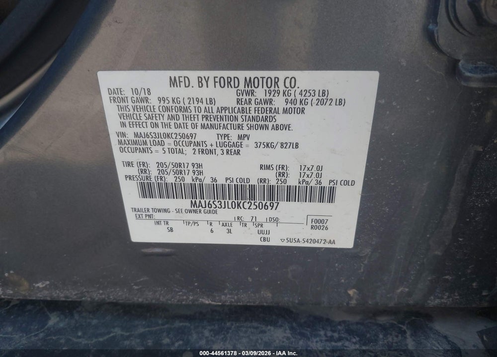 2019 FORD ECOSPORT SES VIN: MAJ6S3JL0KC250697