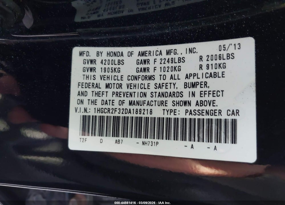 2013 HONDA ACCORD LX VIN: 1HGCR2F32DA189218