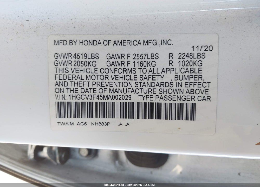 2021 HONDA ACCORD HYBRID EX VIN: 1HGCV3F45MA002029