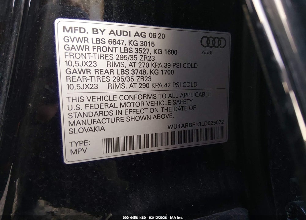 2020 AUDI RS Q8 TFSI QUATTRO TIPTRONIC VIN: WU1ARBF18LD025072