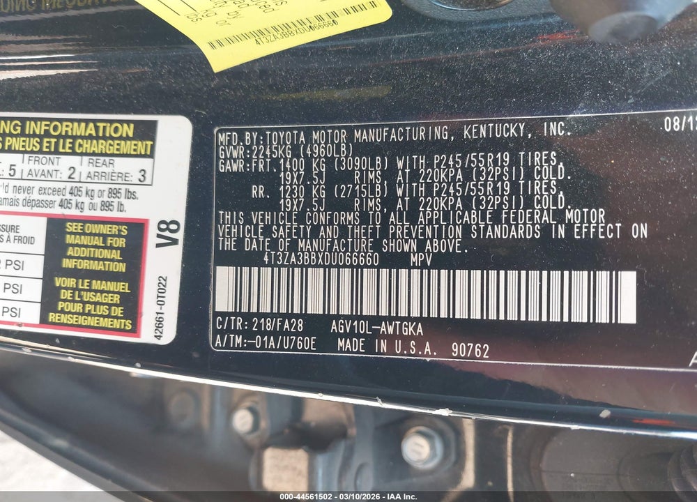 2013 TOYOTA VENZA LE VIN: 4T3ZA3BBXDU066660