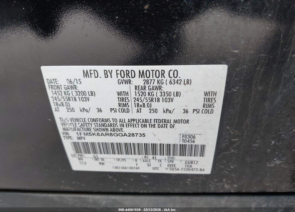 2016 FORD UTILITY POLICE INTERCEPTOR VIN: 1FM5K8AR8GGA28735