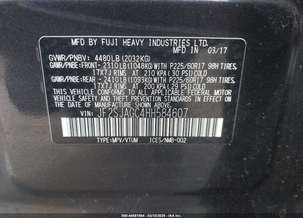 2017 SUBARU FORESTER 2.5I PREMIUM VIN: JF2SJAGC4HH584607