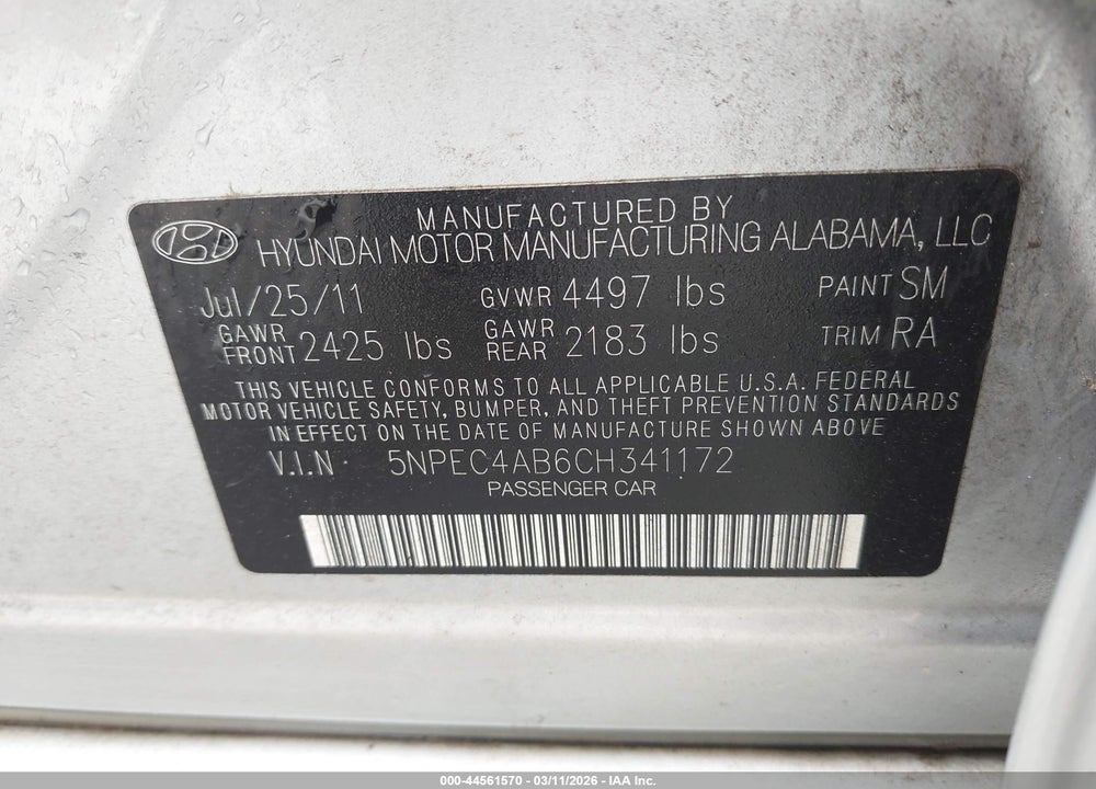 2012 HYUNDAI SONATA LIMITED 2.0T VIN: 5NPEC4AB6CH341172