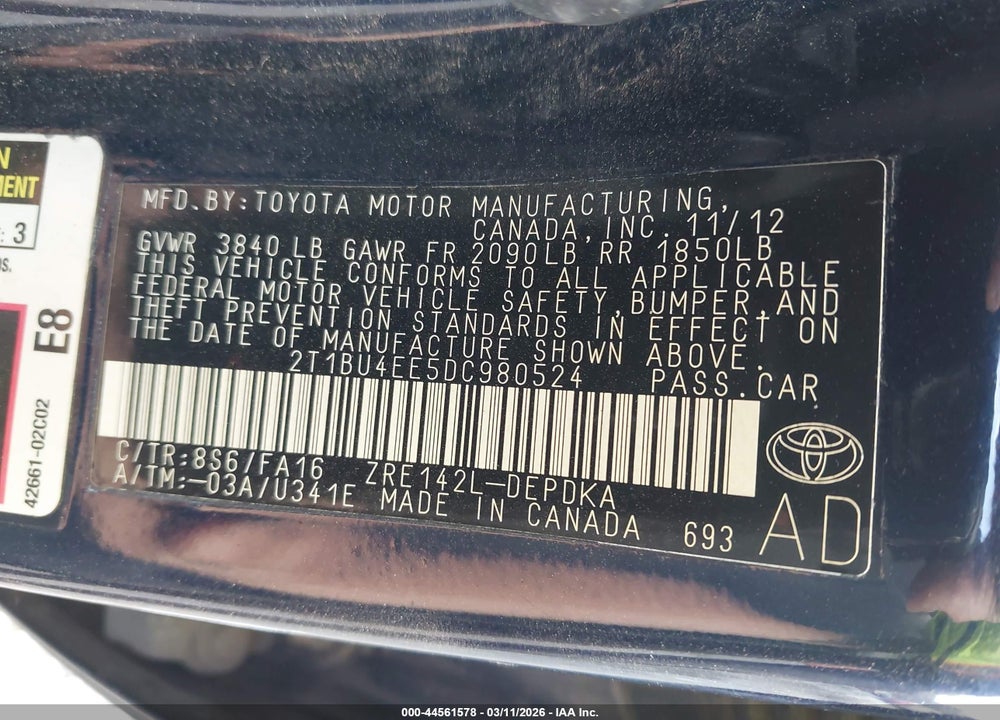 2013 TOYOTA COROLLA L VIN: 2T1BU4EE5DC980524