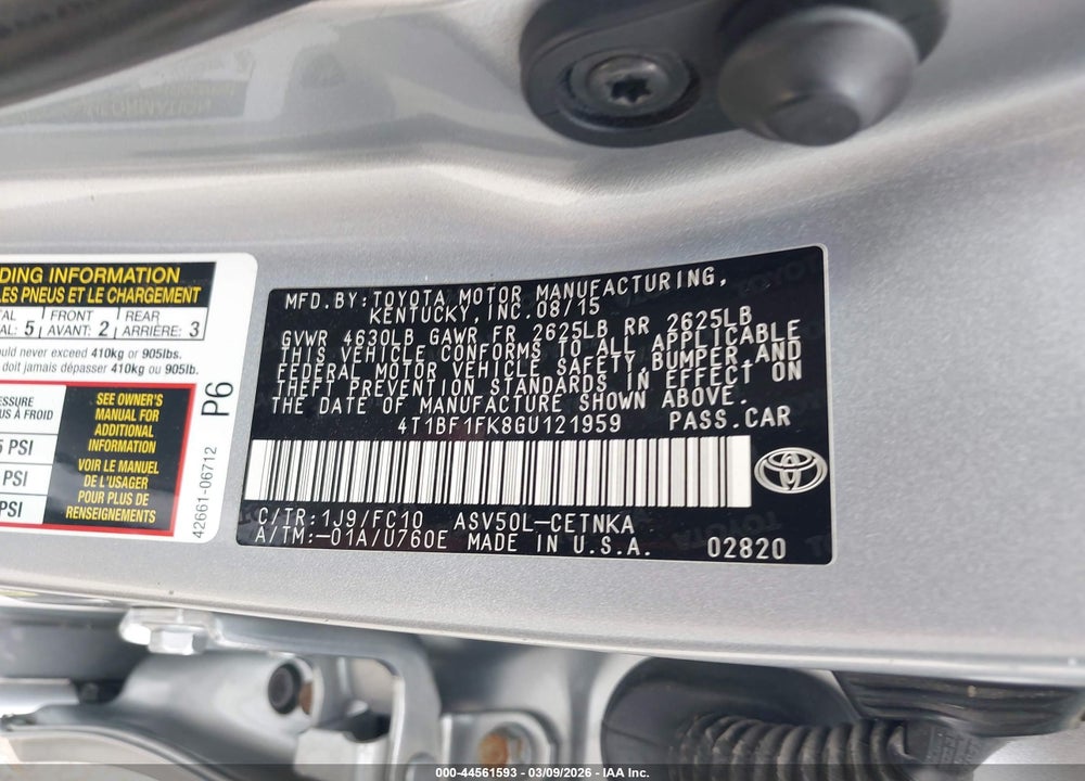 2016 TOYOTA CAMRY LE VIN: 4T1BF1FK8GU121959