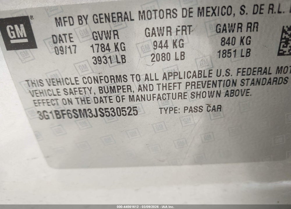 2018 CHEVROLET CRUZE PREMIER AUTO VIN: 3G1BF6SM3JS530525