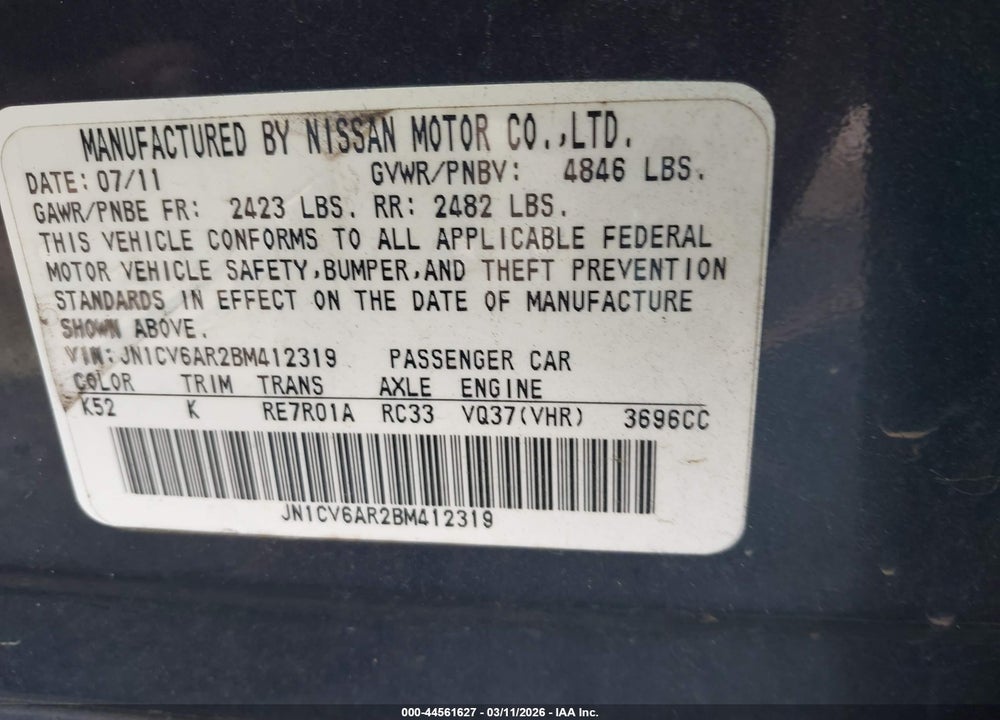 2011 INFINITI G37X VIN: JN1CV6AR2BM412319