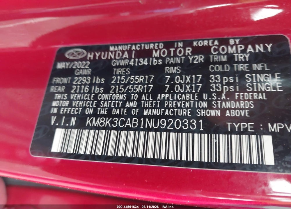 2022 HYUNDAI KONA SEL VIN: KM8K3CAB1NU920331