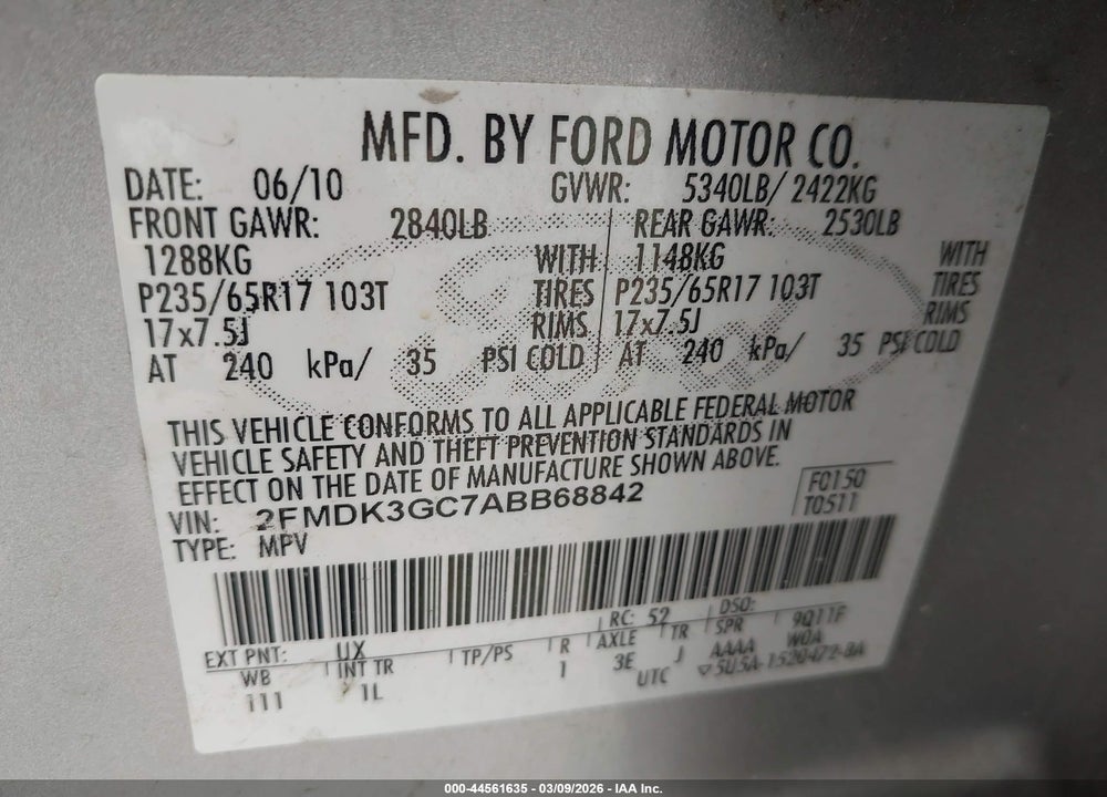 2010 FORD EDGE SE VIN: 2FMDK3GC7ABB68842