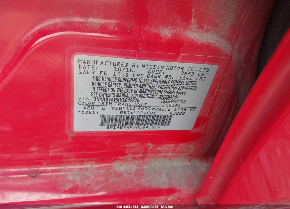 2017 NISSAN SENTRA SV VIN: 3N1AB7APXHL642875