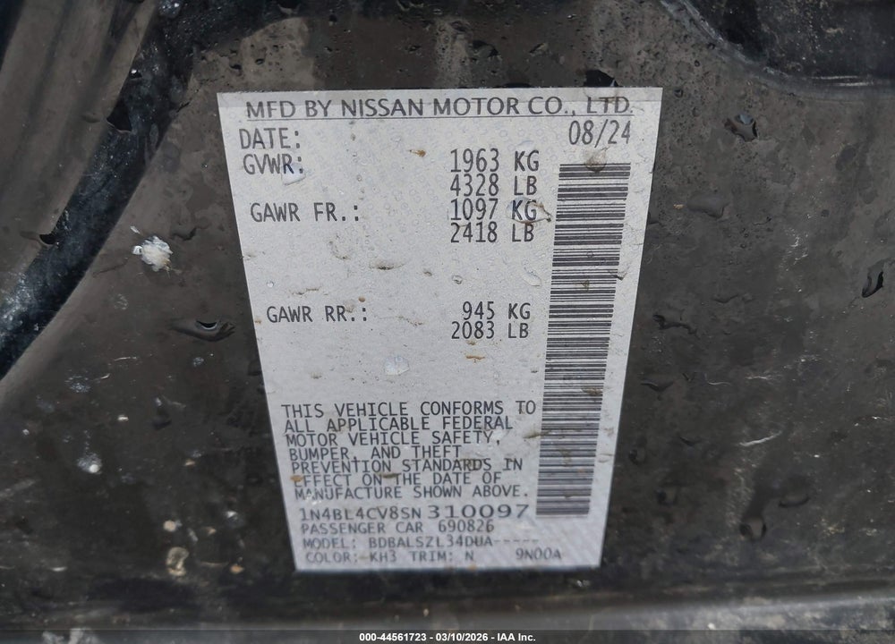 2025 NISSAN ALTIMA SR FWD VIN: 1N4BL4CV8SN310097