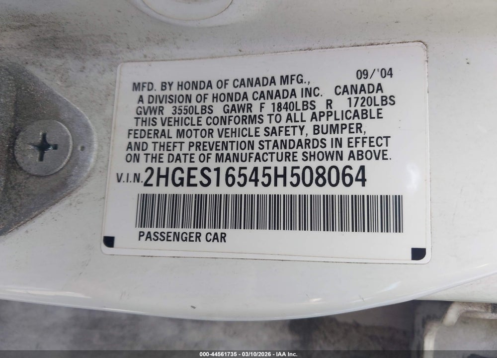 2005 HONDA CIVIC LX VIN: 2HGES16545H508064
