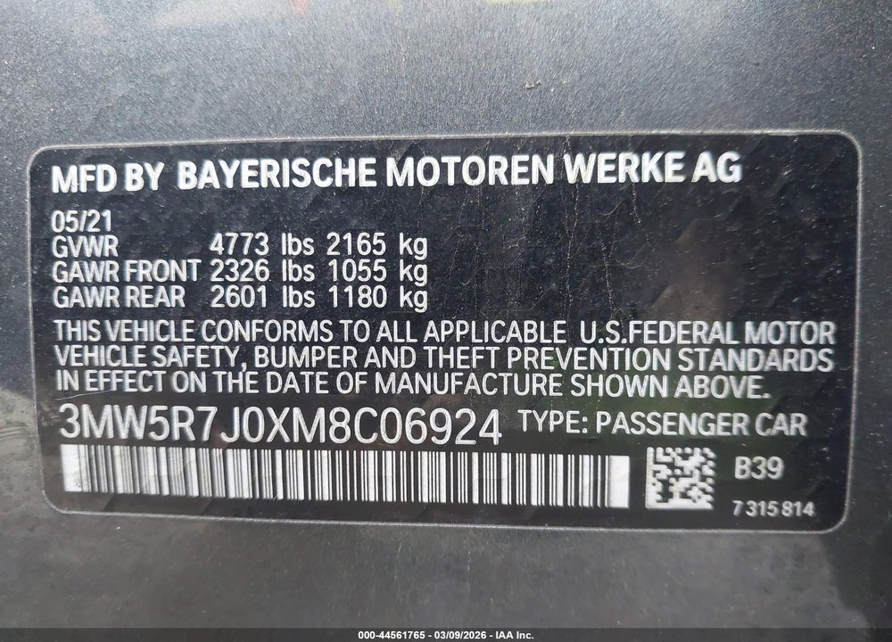 2021 BMW 330I XDRIVE VIN: 3MW5R7J0XM8C06924