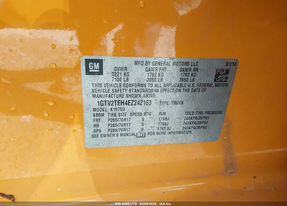 2014 GMC SIERRA 1500 VIN: 1GTV2TEH4EZ242163