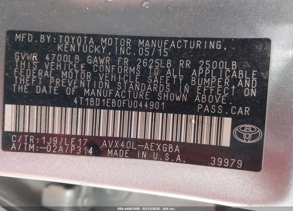 2015 TOYOTA AVALON HYBRID XLE TOURING VIN: 4T1BD1EB0FU044901