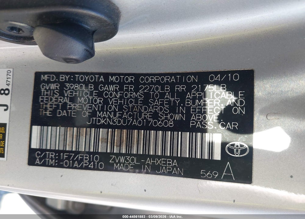 2010 TOYOTA PRIUS III VIN: JTDKN3DU7A0170608