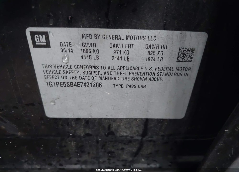 2014 CHEVROLET CRUZE 2LT AUTO VIN: 1G1PE5SB4E7421206