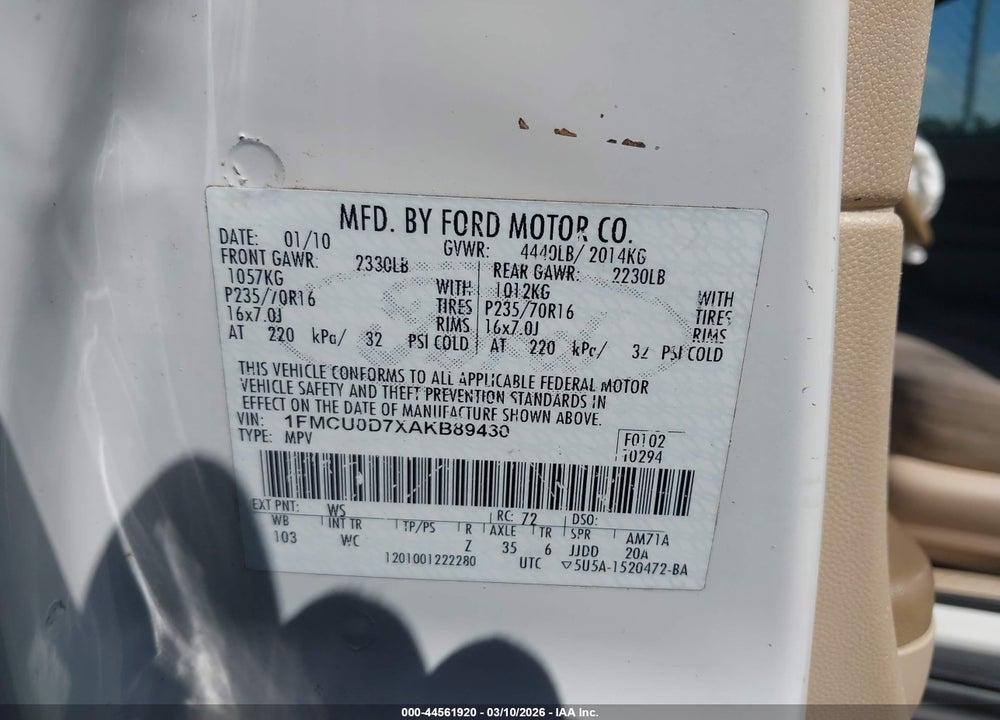 2010 FORD ESCAPE XLT VIN: 1FMCU0D7XAKB89430