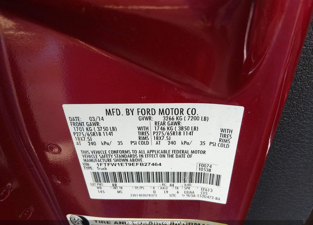 2014 FORD F-150 XLT VIN: 1FTFW1ET9EFB27464