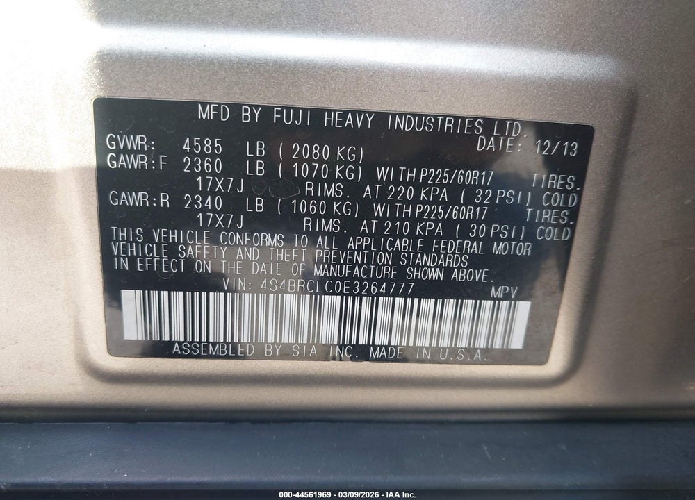 2014 SUBARU OUTBACK 2.5I LIMITED VIN: 4S4BRCLC0E3264777