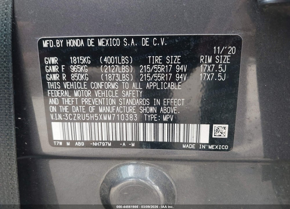 2021 HONDA HR-V 2WD EX VIN: 3CZRU5H5XMM710383