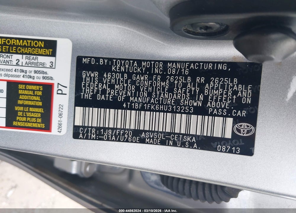 2017 TOYOTA CAMRY SE VIN: 4T1BF1FK6HU313253