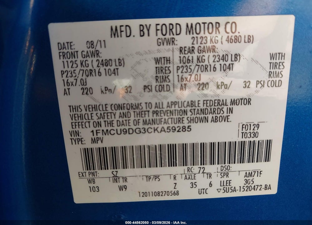2012 FORD ESCAPE XLT VIN: 1FMCU9DG3CKA59285