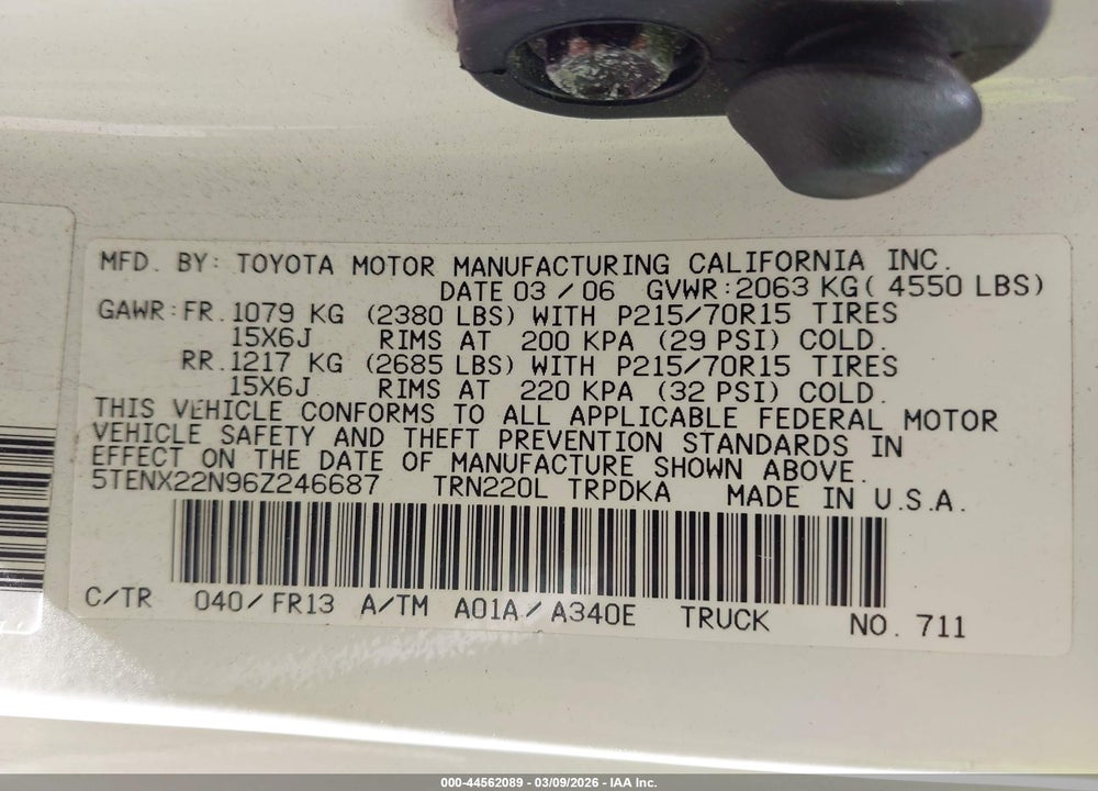2006 TOYOTA TACOMA VIN: 5TENX22N96Z246687