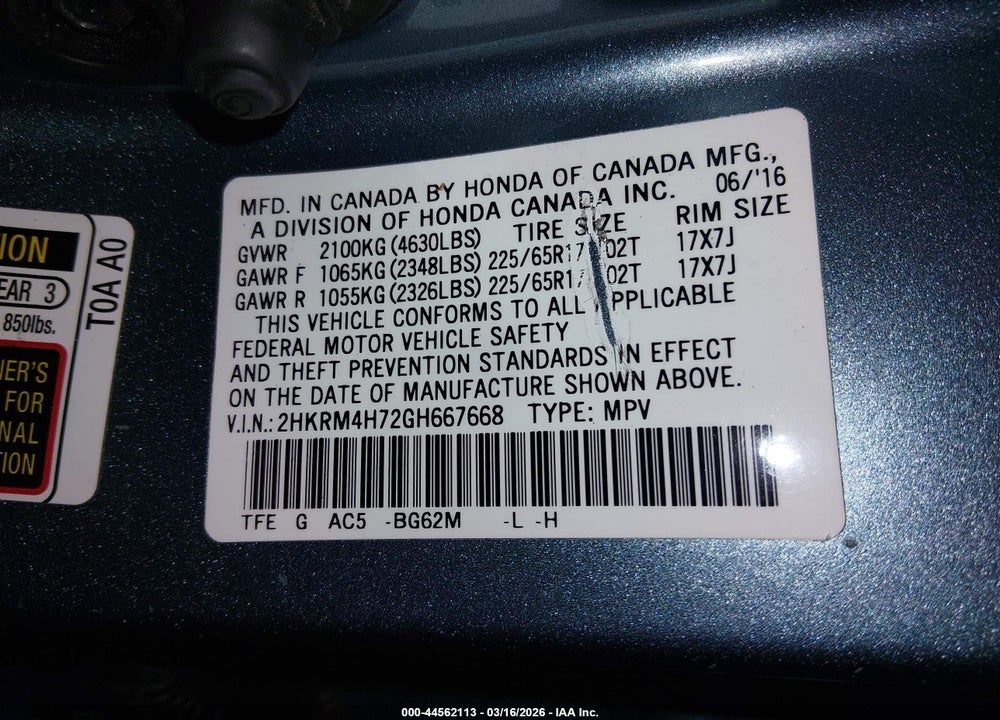 2016 HONDA CR-V EXL VIN: 2HKRM4H72GH667668