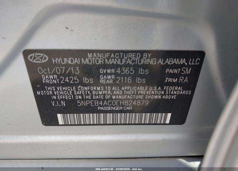 2014 HYUNDAI SONATA GLS VIN: 5NPEB4AC0EH824879