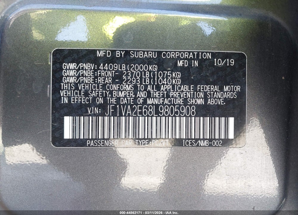 2020 SUBARU WRX STI VIN: JF1VA2E68L9805908