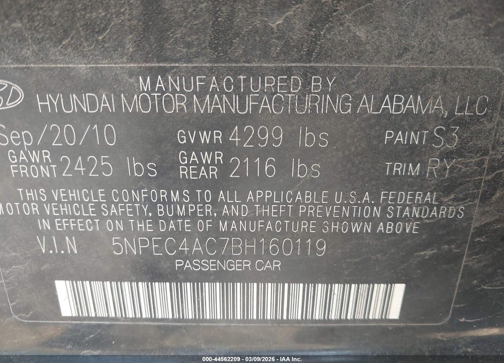 2011 HYUNDAI SONATA SE VIN: 5NPEC4AC7BH160119
